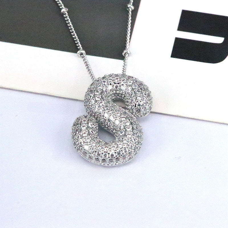 Custom Bubble Letter Initial Rhinestone Pendant Necklace 18K Gold Plated Stainless Steel Personalized Alphabet Letter Initial Necklace