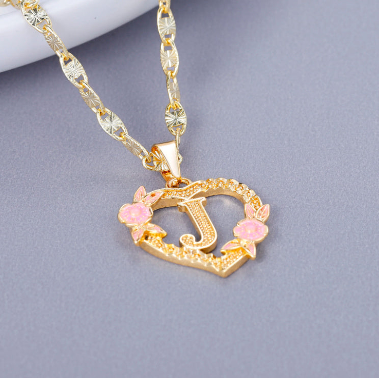 Custom Initial Pink Flower Heart Pendant Necklace 18k Gold Plated Hypoallergenic Stainless Steel