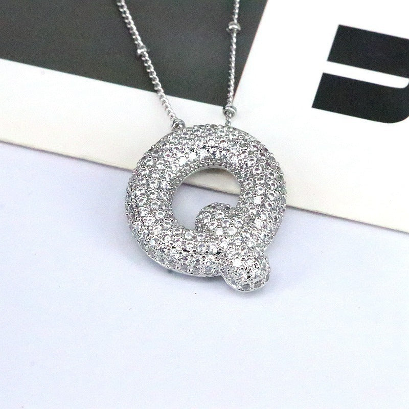 Custom Bubble Letter Initial Rhinestone Pendant Necklace 18K Gold Plated Stainless Steel Personalized Alphabet Letter Initial Necklace