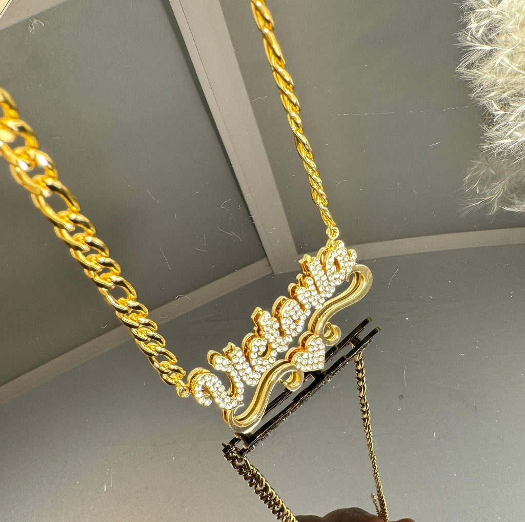 Double Plated Iced Out Heart Custom Name Personalized 18k Gold Plated Stainless Steel Necklace