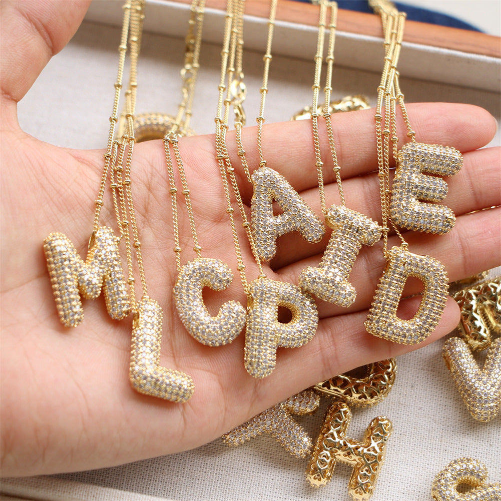 Custom Bubble Letter Initial Rhinestone Pendant Necklace 18K Gold Plated Stainless Steel Personalized Alphabet Letter Initial Necklace