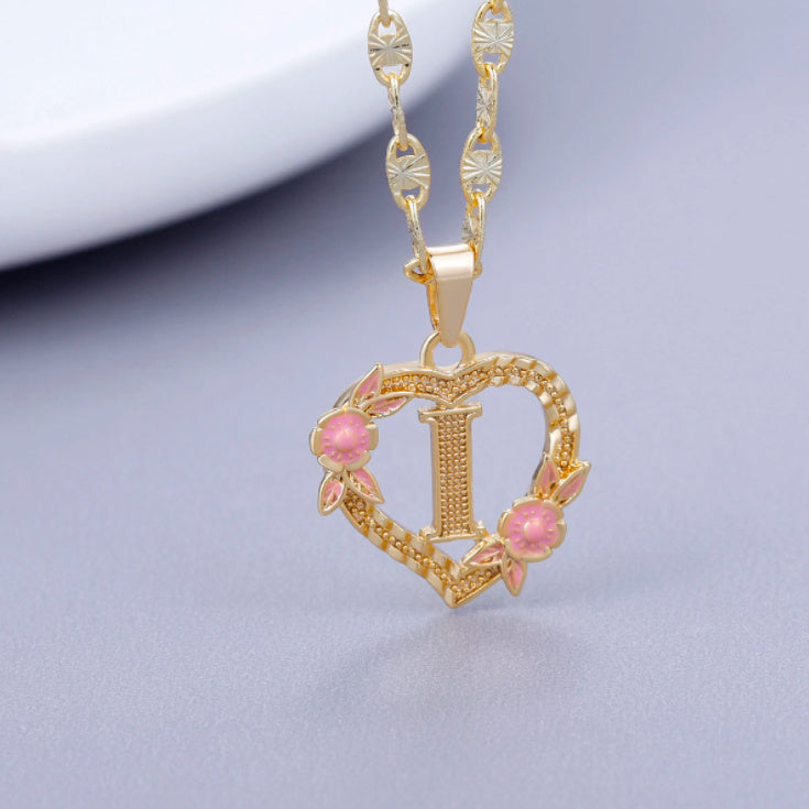 Custom Initial Pink Flower Heart Pendant Necklace 18k Gold Plated Hypoallergenic Stainless Steel