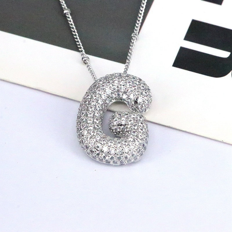 Custom Bubble Letter Initial Rhinestone Pendant Necklace 18K Gold Plated Stainless Steel Personalized Alphabet Letter Initial Necklace