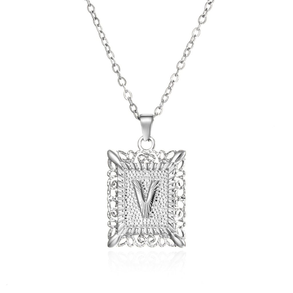 Custom Initial Rectangle Pendant Necklace – Vintage Frame Letter Necklace in Gold or Silver
