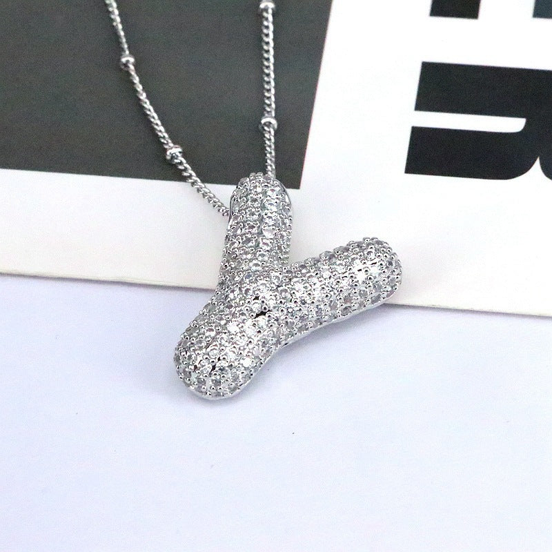 Custom Bubble Letter Initial Rhinestone Pendant Necklace 18K Gold Plated Stainless Steel Personalized Alphabet Letter Initial Necklace