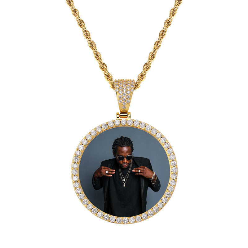 Custom Photo Circle Frame Shaped Cubic Zirconia Rhinestone Pendant Rope Chain Necklace