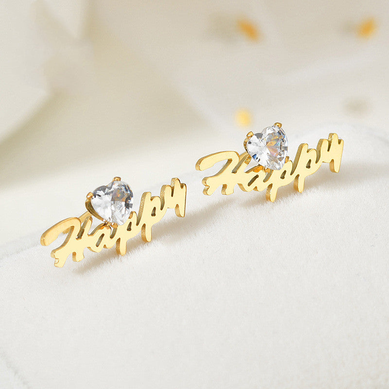 Custom Name With Heart Rhinestone Stud Earrings 18k Gold Plated Hypoallergenic Stainless Steel