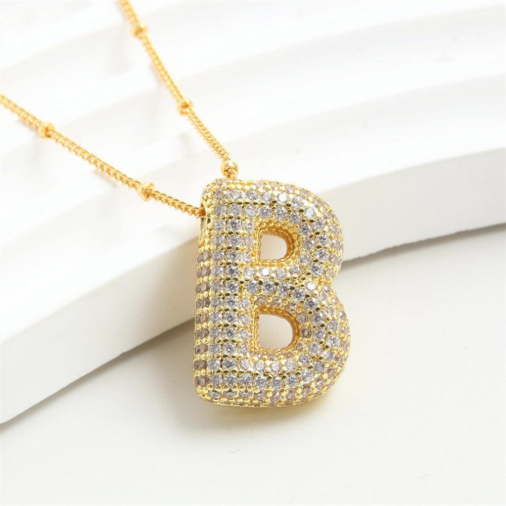 Custom Bubble Letter Initial Rhinestone Pendant Necklace 18K Gold Plated Stainless Steel Personalized Alphabet Letter Initial Necklace