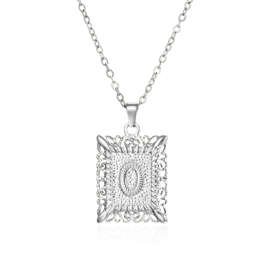 Custom Initial Rectangle Pendant Necklace – Vintage Frame Letter Necklace in Gold or Silver