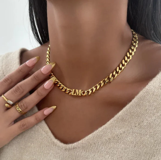 Custom Letter Name Initials Choker Necklace 18k Gold Plated Stainless Steel Personalized Cuban Chain Choker Necklace
