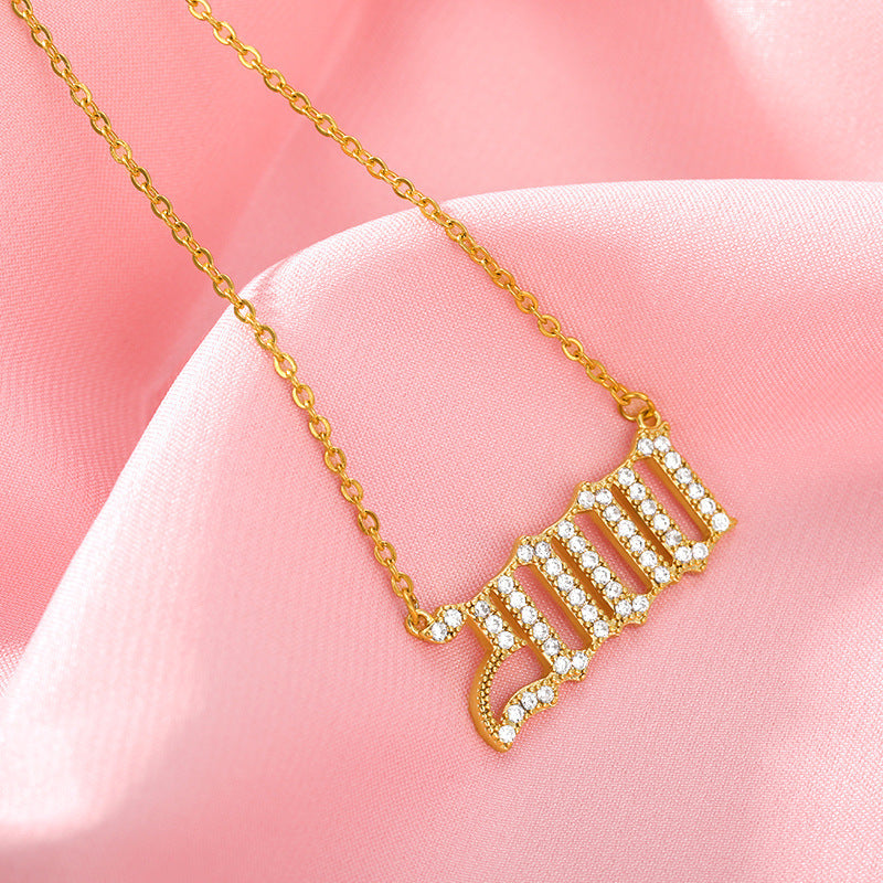 Custom Year Cubic Zirconia Rhinestone Necklace 18k Gold Plated Hypoallergenic Stainless Steel Personalized Birthyear Anniversary Necklace