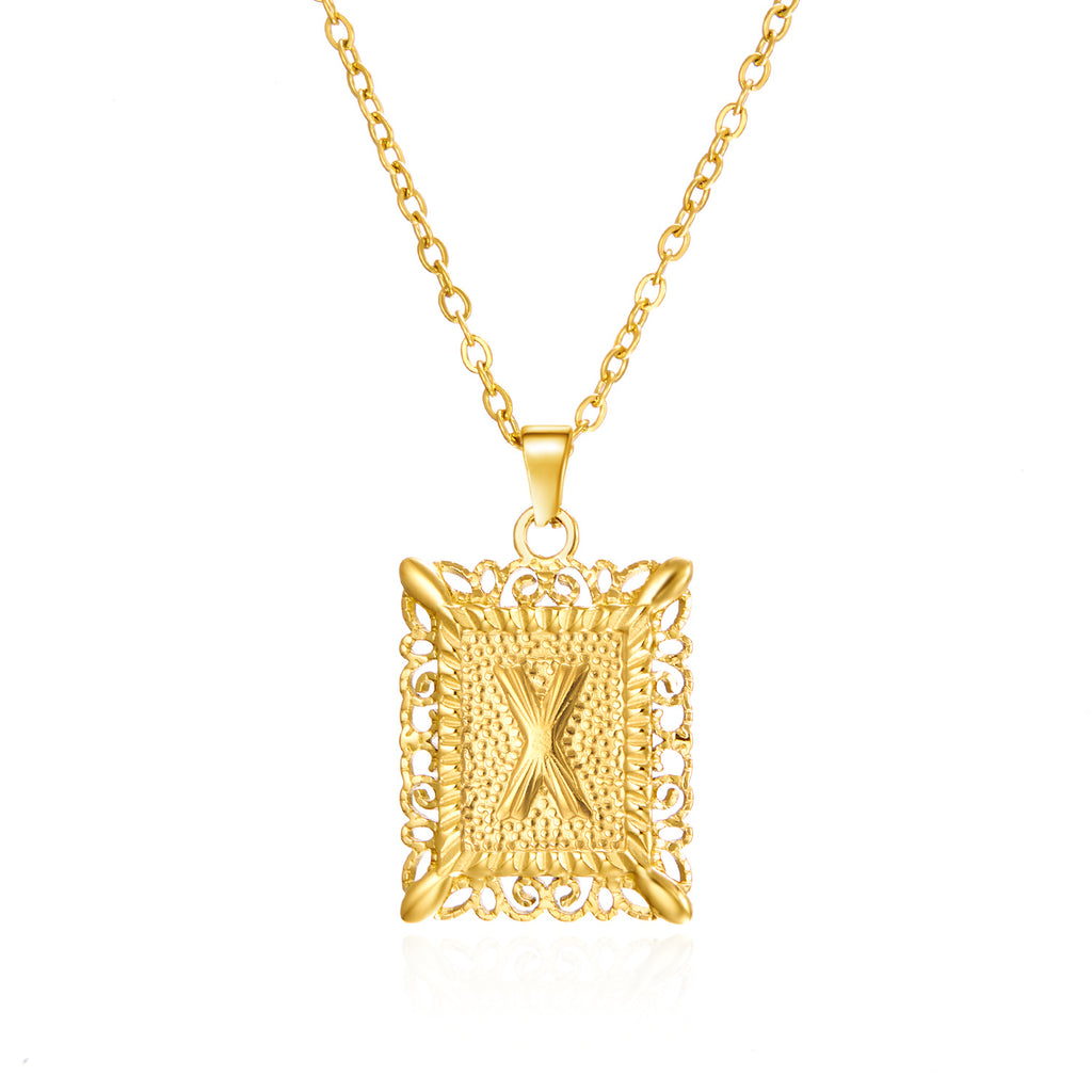 Custom Initial Rectangle Pendant Necklace – Vintage Frame Letter Necklace in Gold or Silver