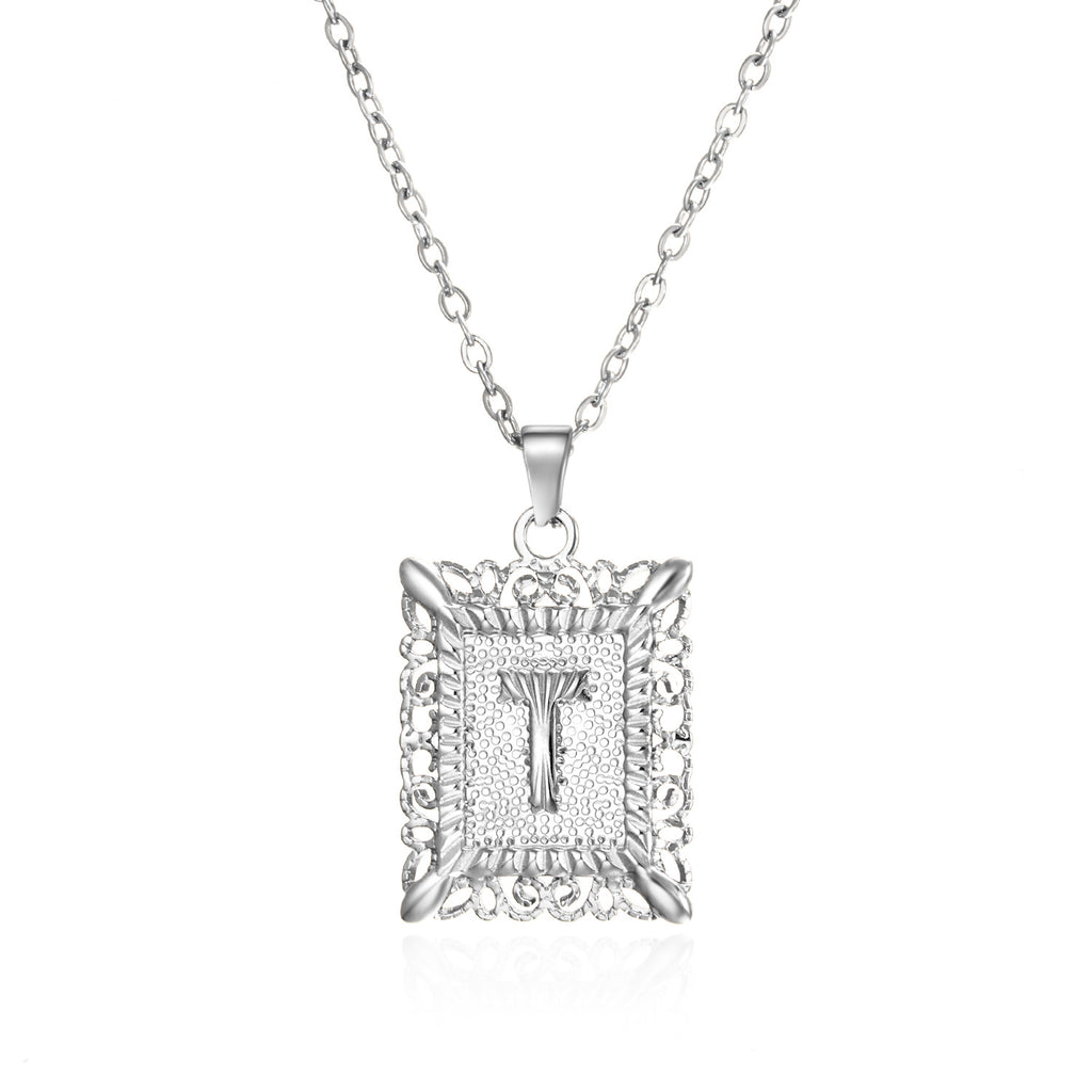 Custom Initial Rectangle Pendant Necklace – Vintage Frame Letter Necklace in Gold or Silver