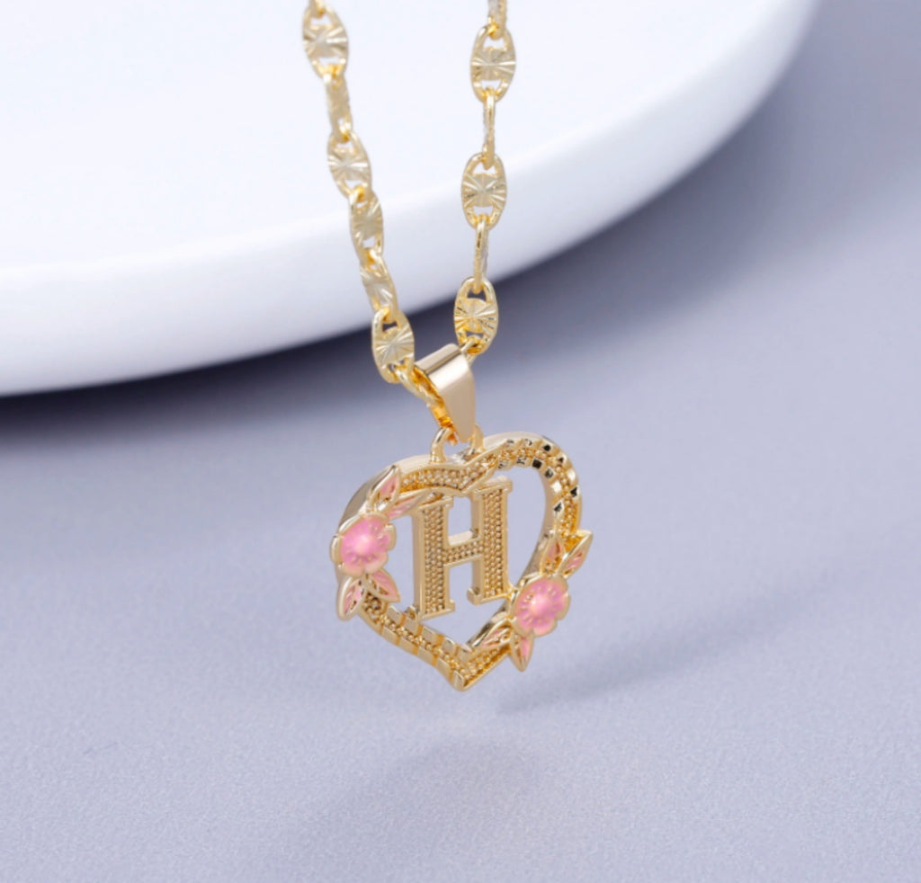 Custom Initial Pink Flower Heart Pendant Necklace 18k Gold Plated Hypoallergenic Stainless Steel
