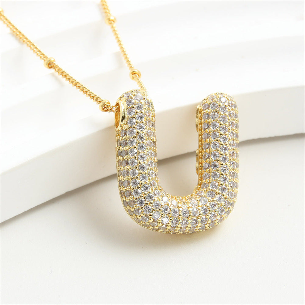 Custom Bubble Letter Initial Rhinestone Pendant Necklace 18K Gold Plated Stainless Steel Personalized Alphabet Letter Initial Necklace