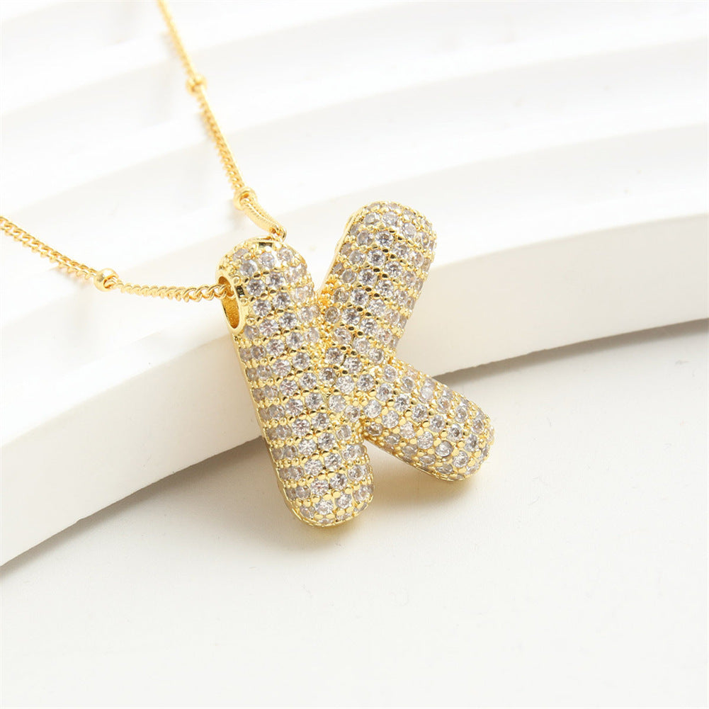 Custom Bubble Letter Initial Rhinestone Pendant Necklace 18K Gold Plated Stainless Steel Personalized Alphabet Letter Initial Necklace