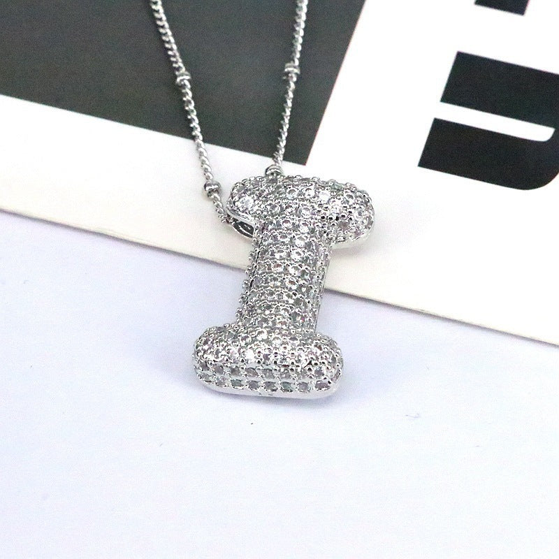 Custom Bubble Letter Initial Rhinestone Pendant Necklace 18K Gold Plated Stainless Steel Personalized Alphabet Letter Initial Necklace