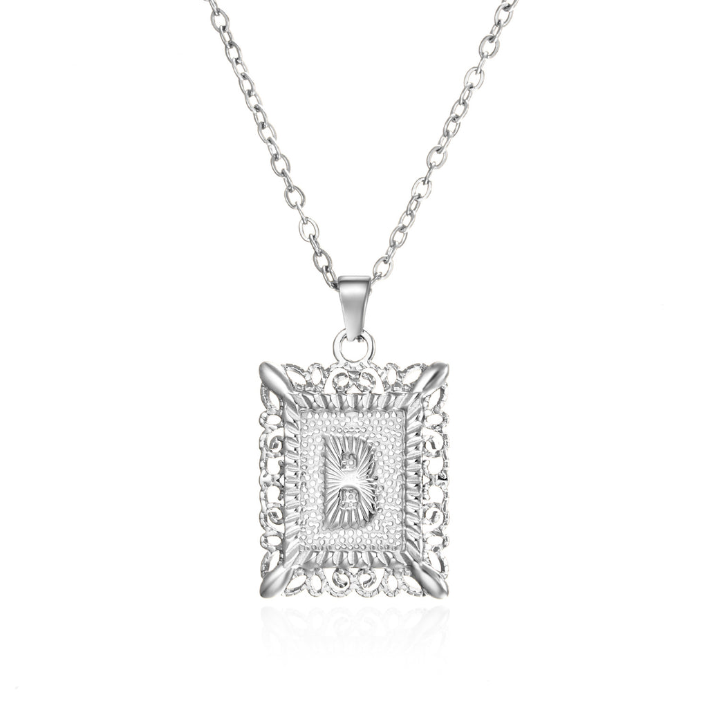 Custom Initial Rectangle Pendant Necklace – Vintage Frame Letter Necklace in Gold or Silver