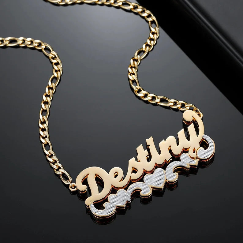 Double Plated Two Tone Custom Name With Triple Heart 18k Gold Plated Stainless Steel Figaro Chain Personalized Necklace