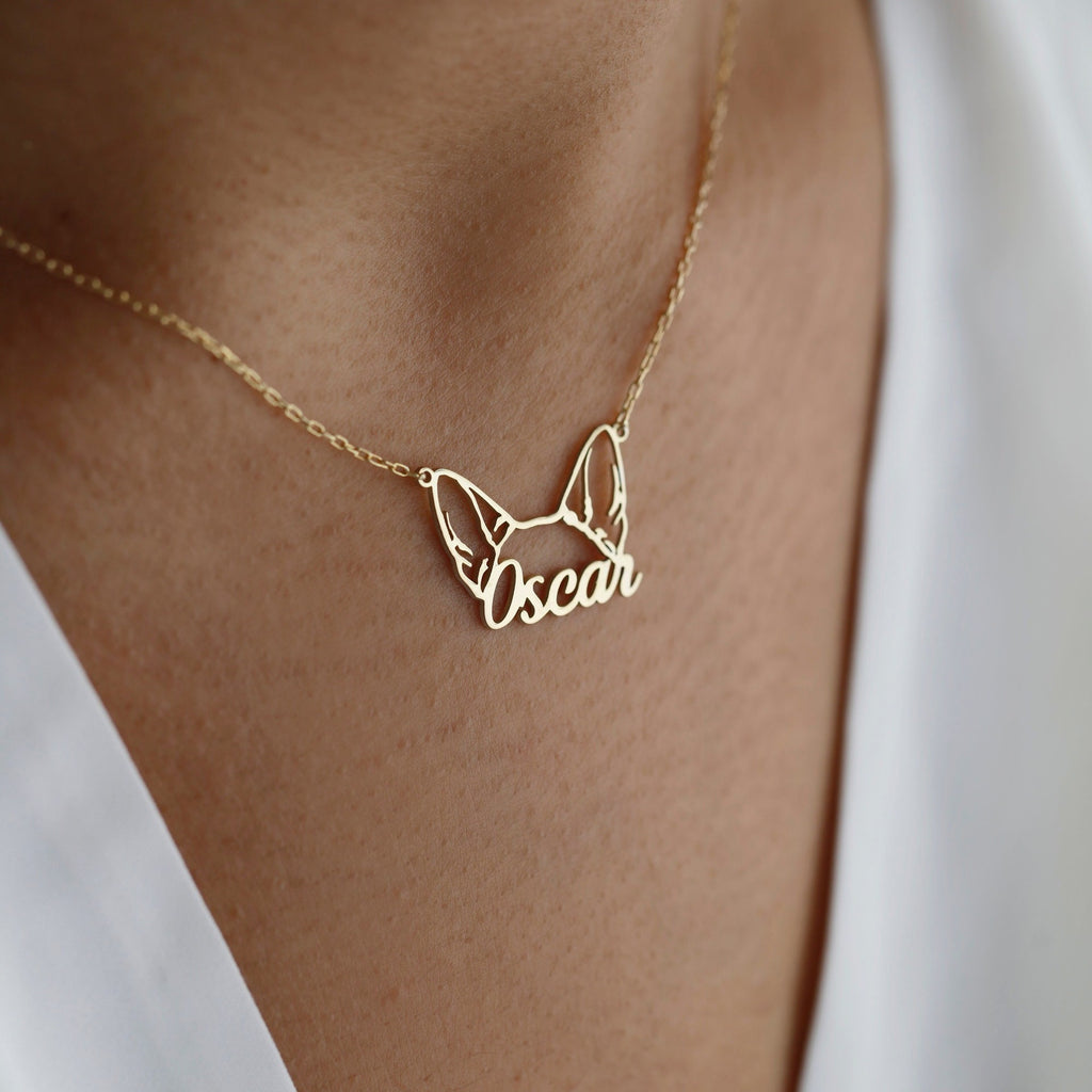 Custom Dog/Cat Name & Ears Necklace Personalized 18k Gold Plated Stainless Steel Pet Name And Ears Necklace