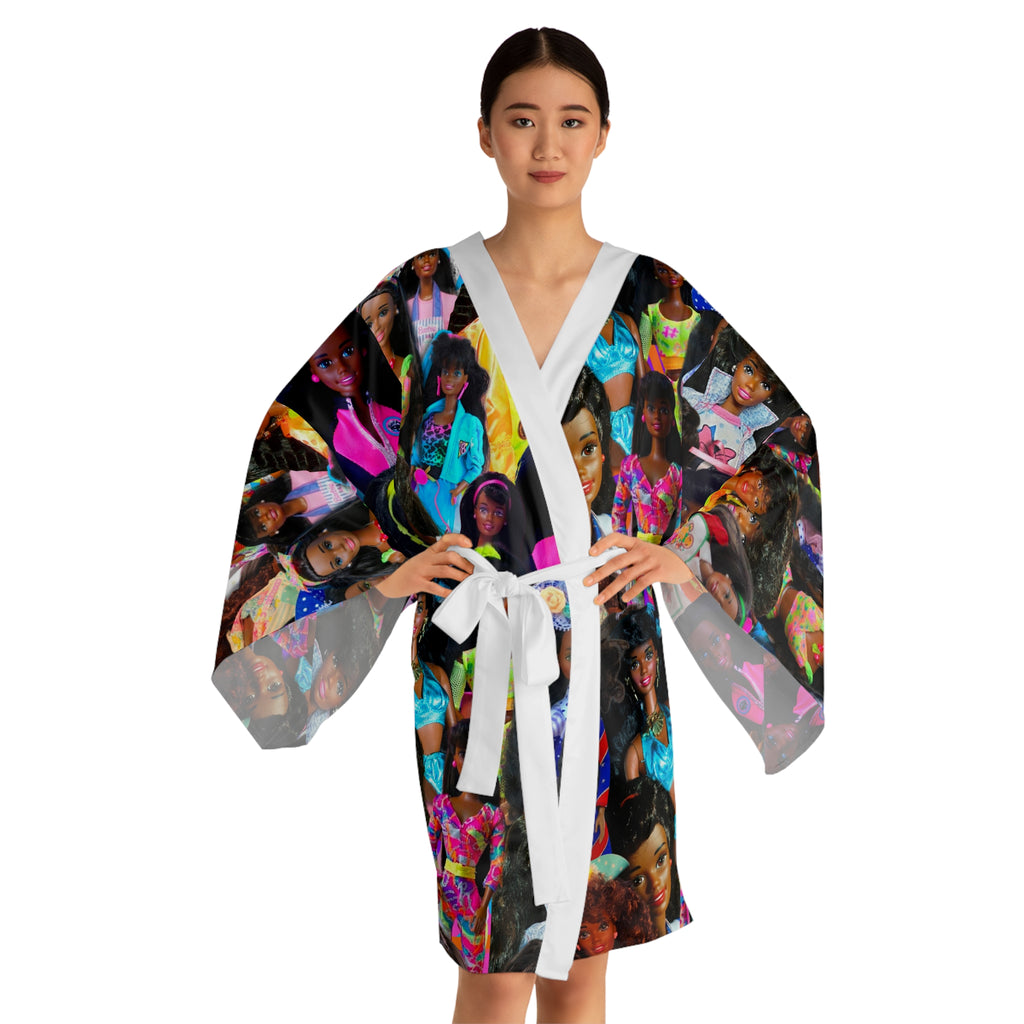 90's Vintage Black Barbieee Christieee Long Sleeve Kimono Robe