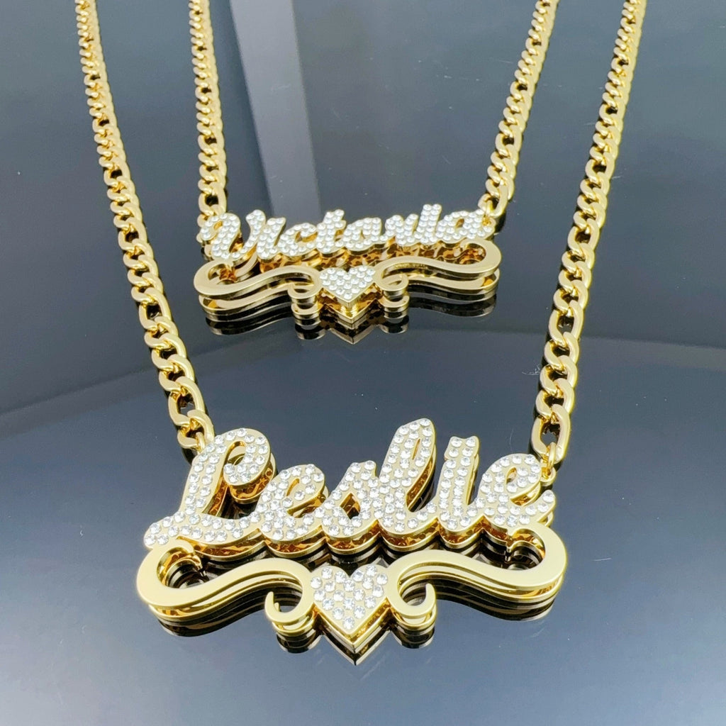 Double Plated Iced Out Heart Custom Name Personalized 18k Gold Plated Stainless Steel Necklace
