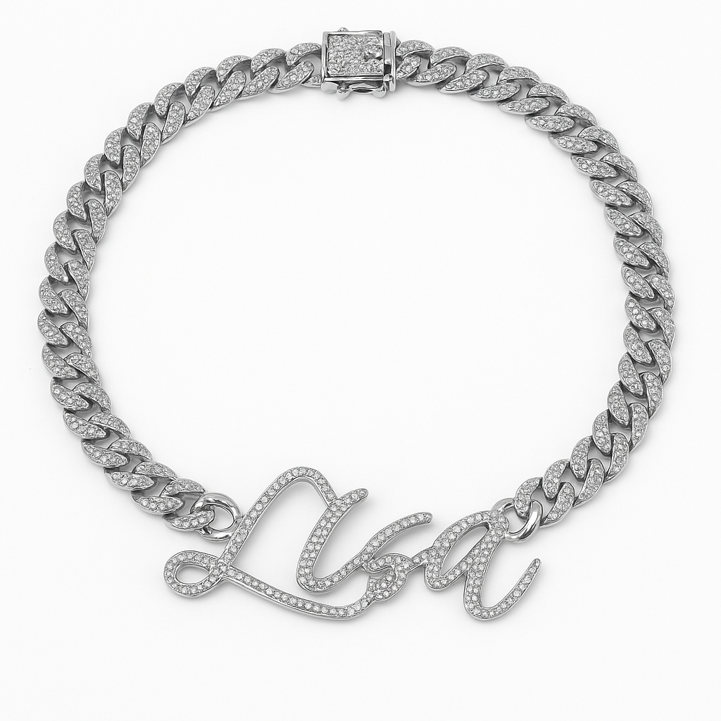 Custom Script Name Rhinestone Cuban Chain Necklace Personalized Cubic Zirconia Cuban Link Necklace