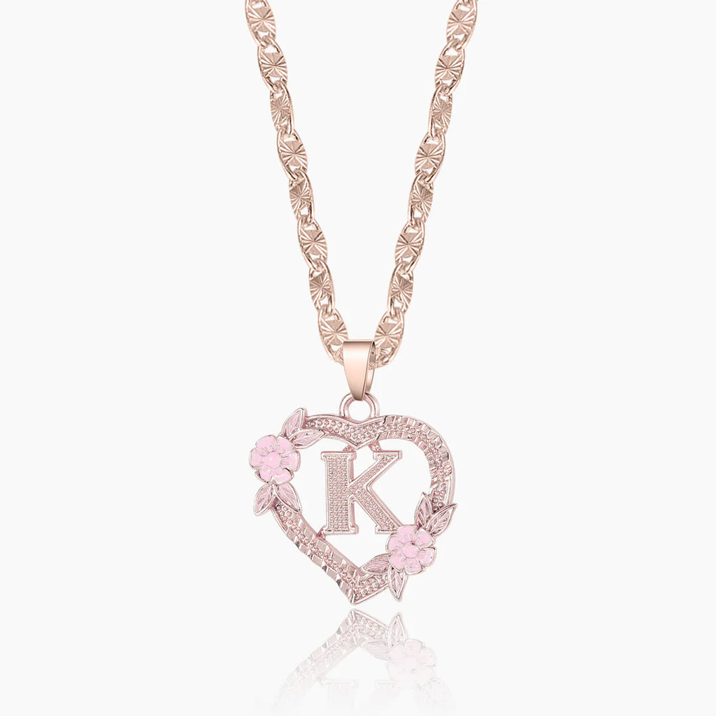 Custom Initial Pink Flower Heart Pendant Necklace 18k Gold Plated Hypoallergenic Stainless Steel