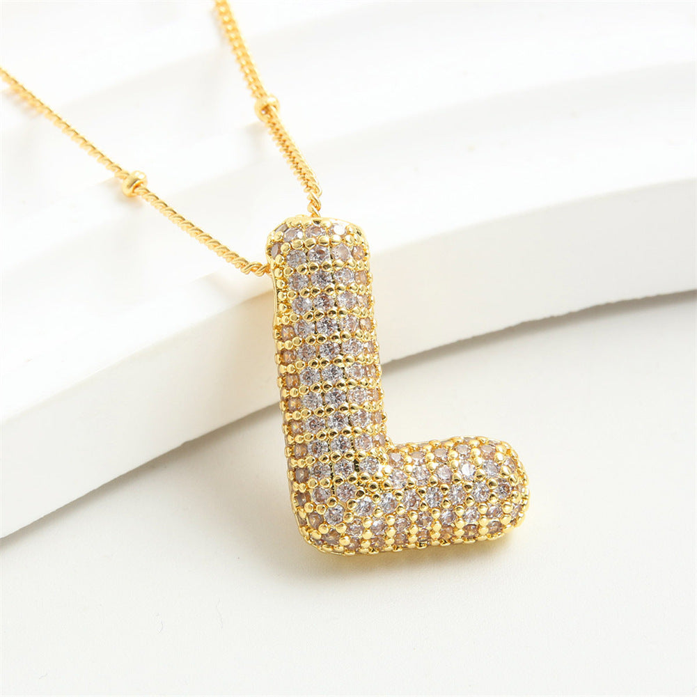 Custom Bubble Letter Initial Rhinestone Pendant Necklace 18K Gold Plated Stainless Steel Personalized Alphabet Letter Initial Necklace