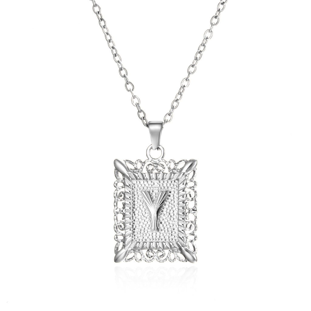Custom Initial Rectangle Pendant Necklace – Vintage Frame Letter Necklace in Gold or Silver