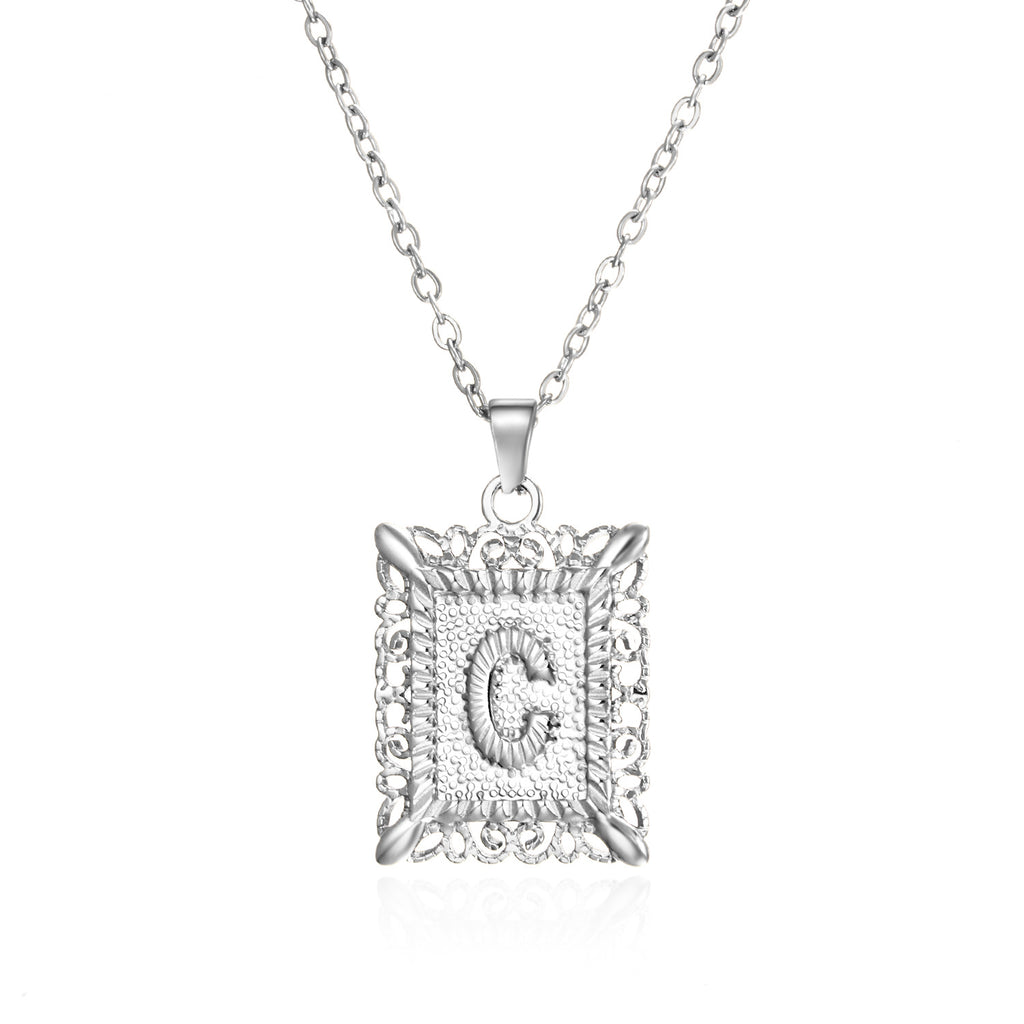 Custom Initial Rectangle Pendant Necklace – Vintage Frame Letter Necklace in Gold or Silver