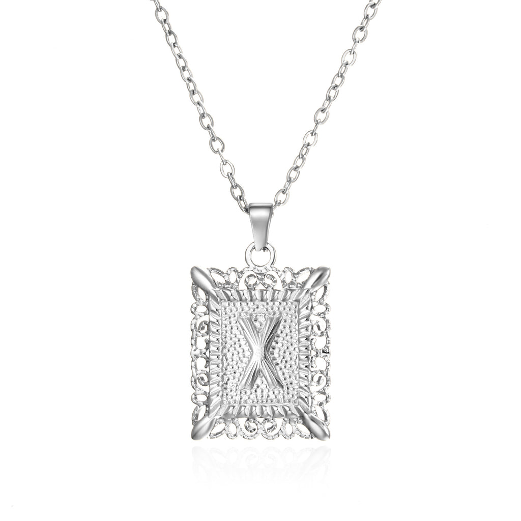 Custom Initial Rectangle Pendant Necklace – Vintage Frame Letter Necklace in Gold or Silver