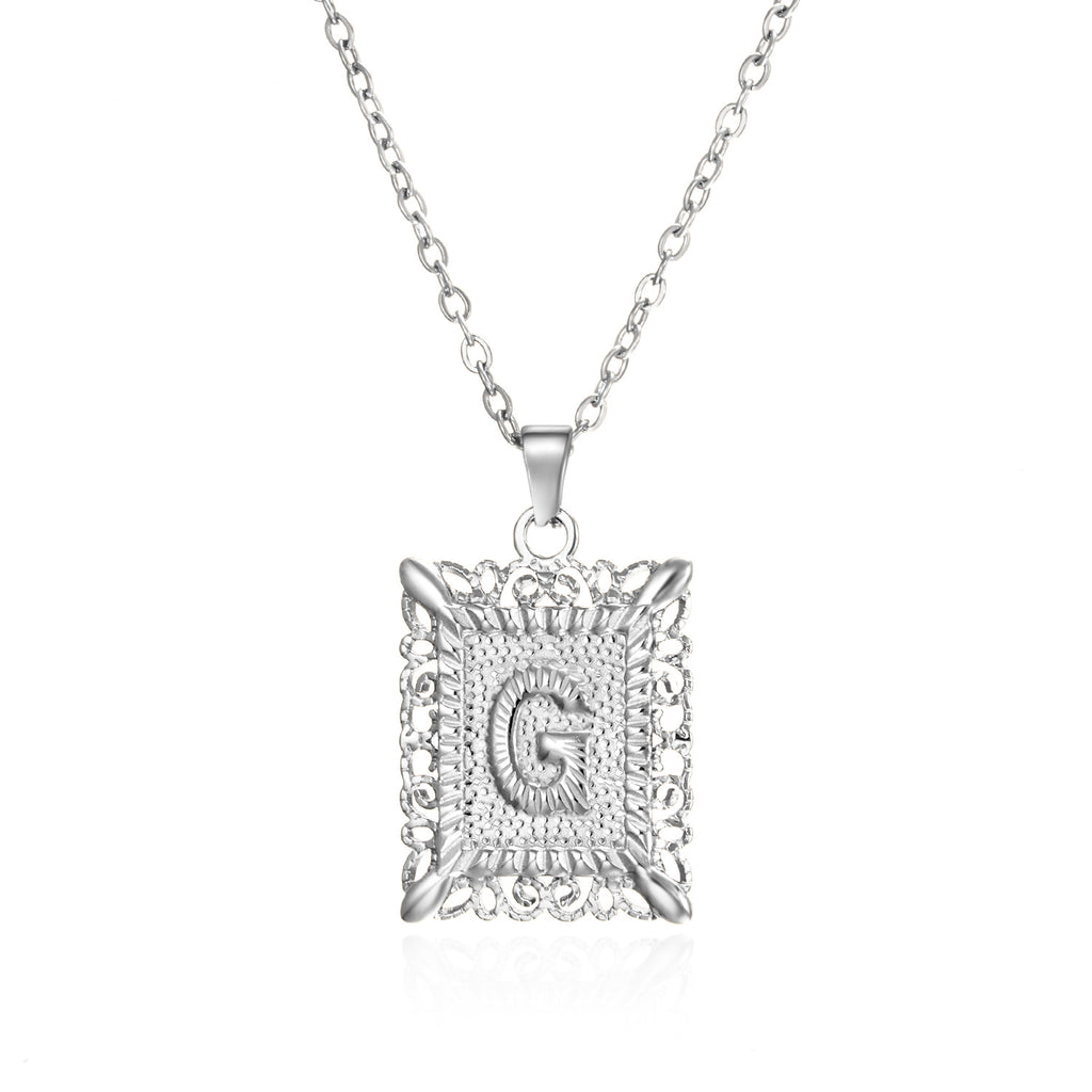 Custom Initial Rectangle Pendant Necklace – Vintage Frame Letter Necklace in Gold or Silver