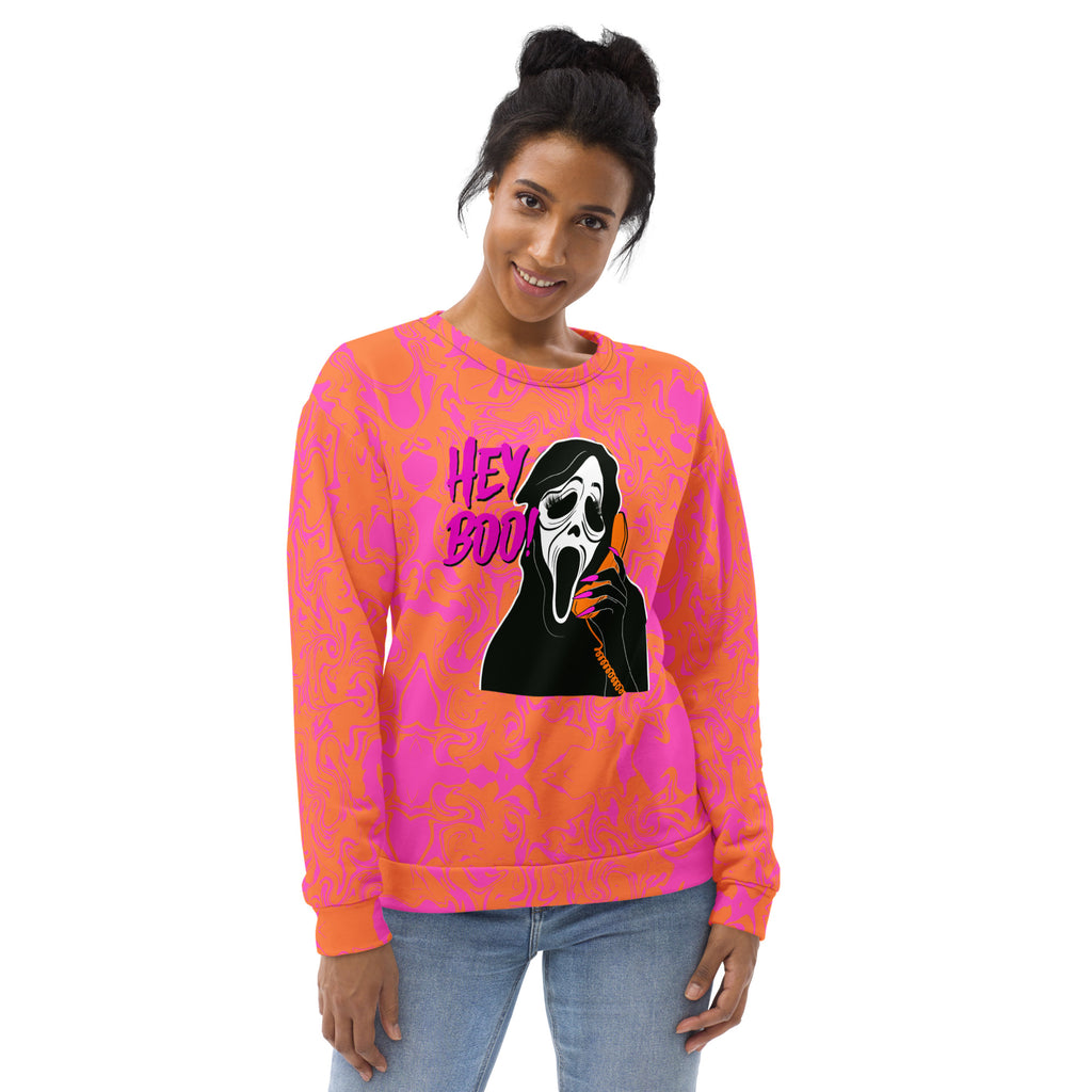 Pink Hey Boo! Scream Mask Halloween Crewneck Sweatshirt