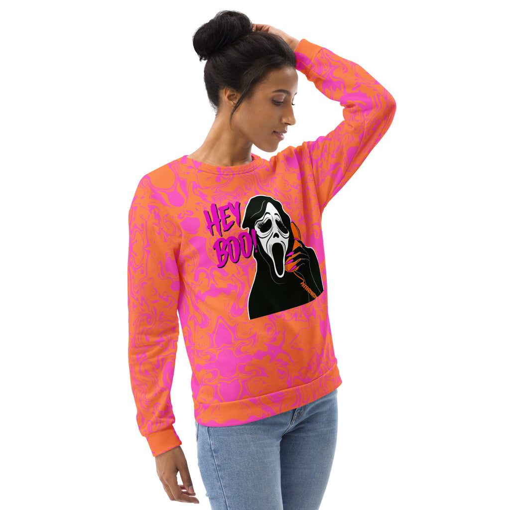 Pink Hey Boo! Scream Mask Halloween Crewneck Sweatshirt