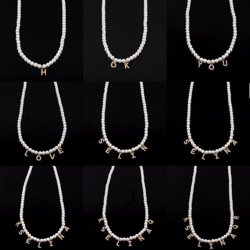 Custom Rhinestone Letter Pearl Necklace Cubic Zirconia Personalized Custom Name Necklace