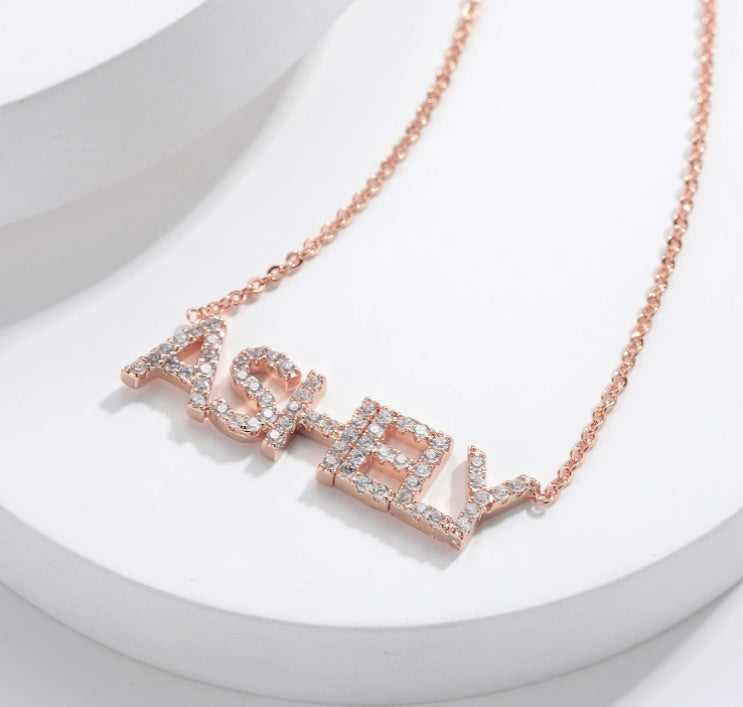 Custom Name Rhinestone Necklace 18k Gold Plated Hypoallergenic Stainless Steel Cubic Zirconia Personalized Necklace