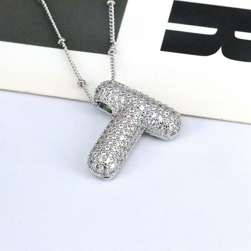 Custom Bubble Letter Initial Rhinestone Pendant Necklace 18K Gold Plated Stainless Steel Personalized Alphabet Letter Initial Necklace