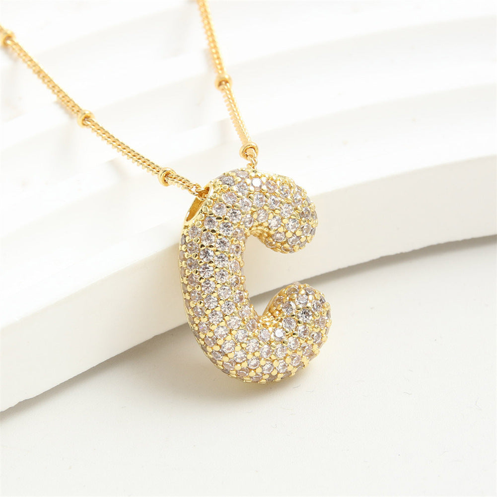 Custom Bubble Letter Initial Rhinestone Pendant Necklace 18K Gold Plated Stainless Steel Personalized Alphabet Letter Initial Necklace