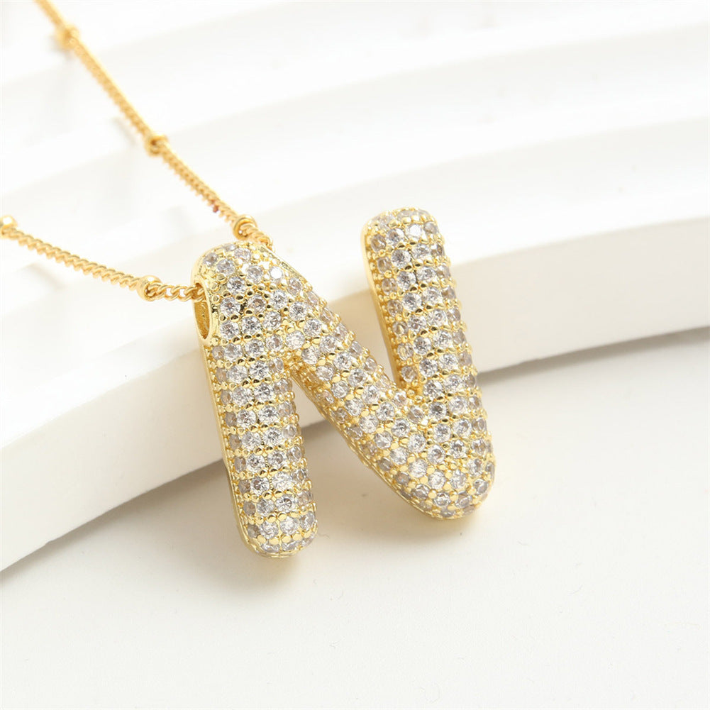 Custom Bubble Letter Initial Rhinestone Pendant Necklace 18K Gold Plated Stainless Steel Personalized Alphabet Letter Initial Necklace