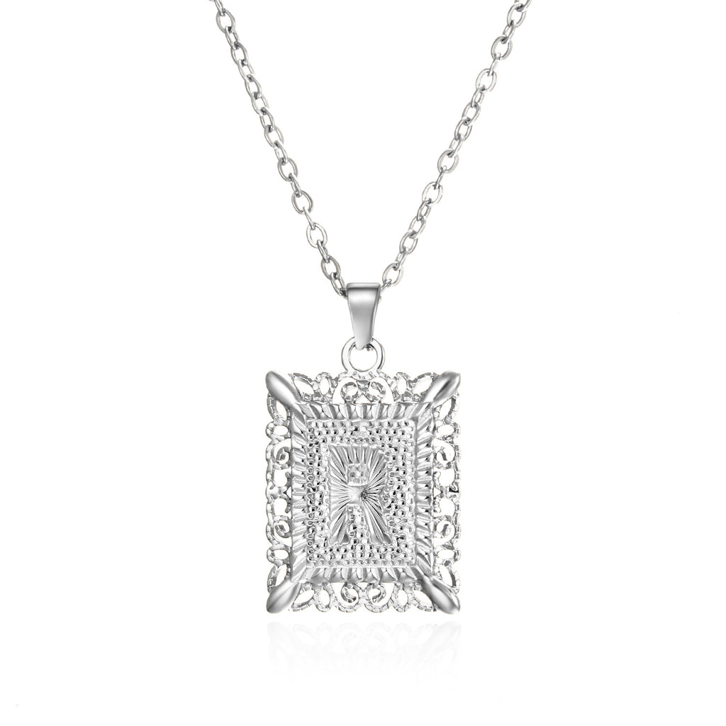 Custom Initial Rectangle Pendant Necklace – Vintage Frame Letter Necklace in Gold or Silver