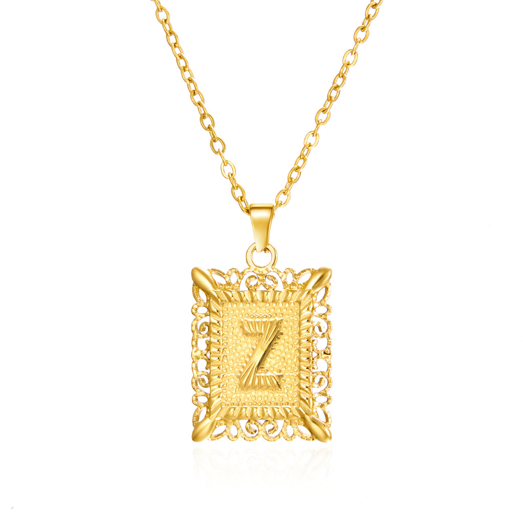Custom Initial Rectangle Pendant Necklace – Vintage Frame Letter Necklace in Gold or Silver