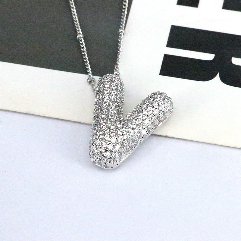 Custom Bubble Letter Initial Rhinestone Pendant Necklace 18K Gold Plated Stainless Steel Personalized Alphabet Letter Initial Necklace
