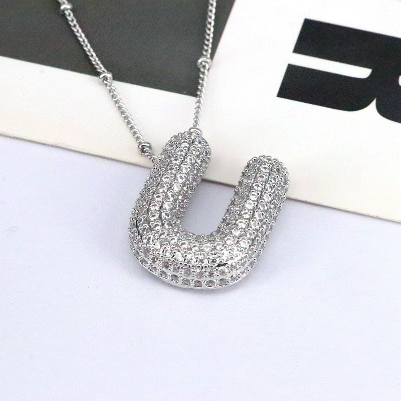 Custom Bubble Letter Initial Rhinestone Pendant Necklace 18K Gold Plated Stainless Steel Personalized Alphabet Letter Initial Necklace