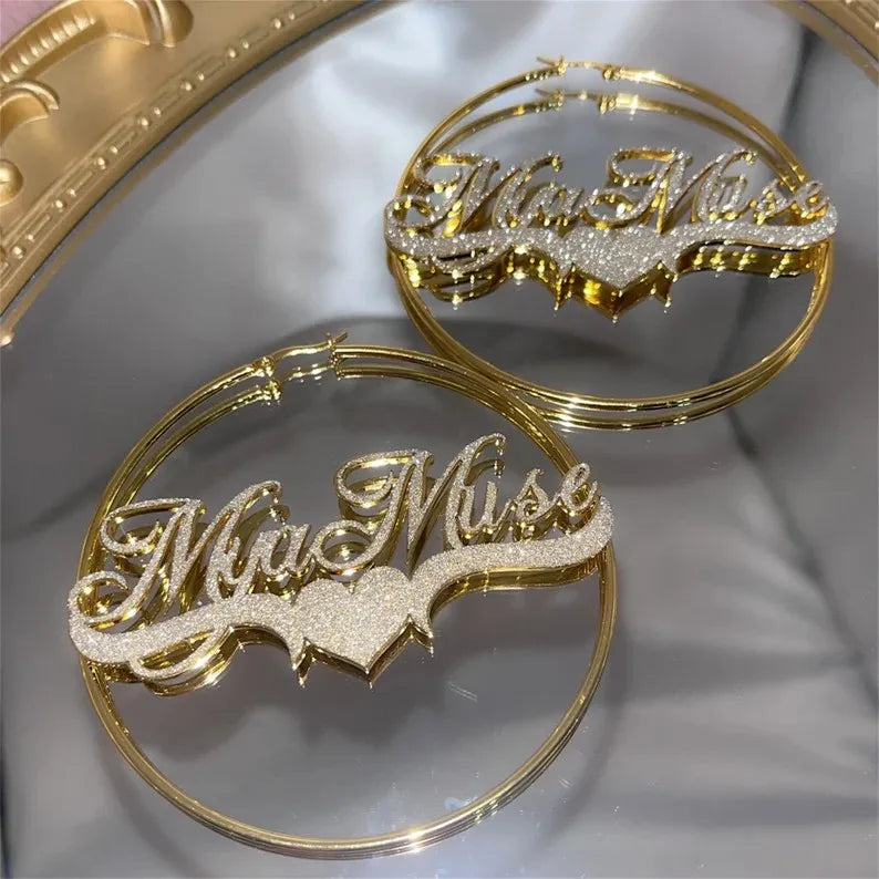 Custom Name With Heart Bling Y2K Hoop Earrings 18k Gold Plated Stainless Steel Y2K Hoop Earrings