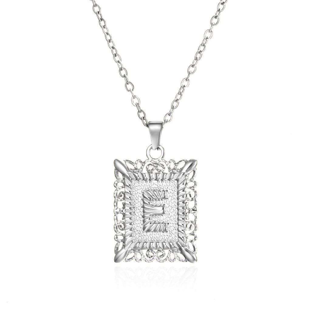 Custom Initial Rectangle Pendant Necklace – Vintage Frame Letter Necklace in Gold or Silver