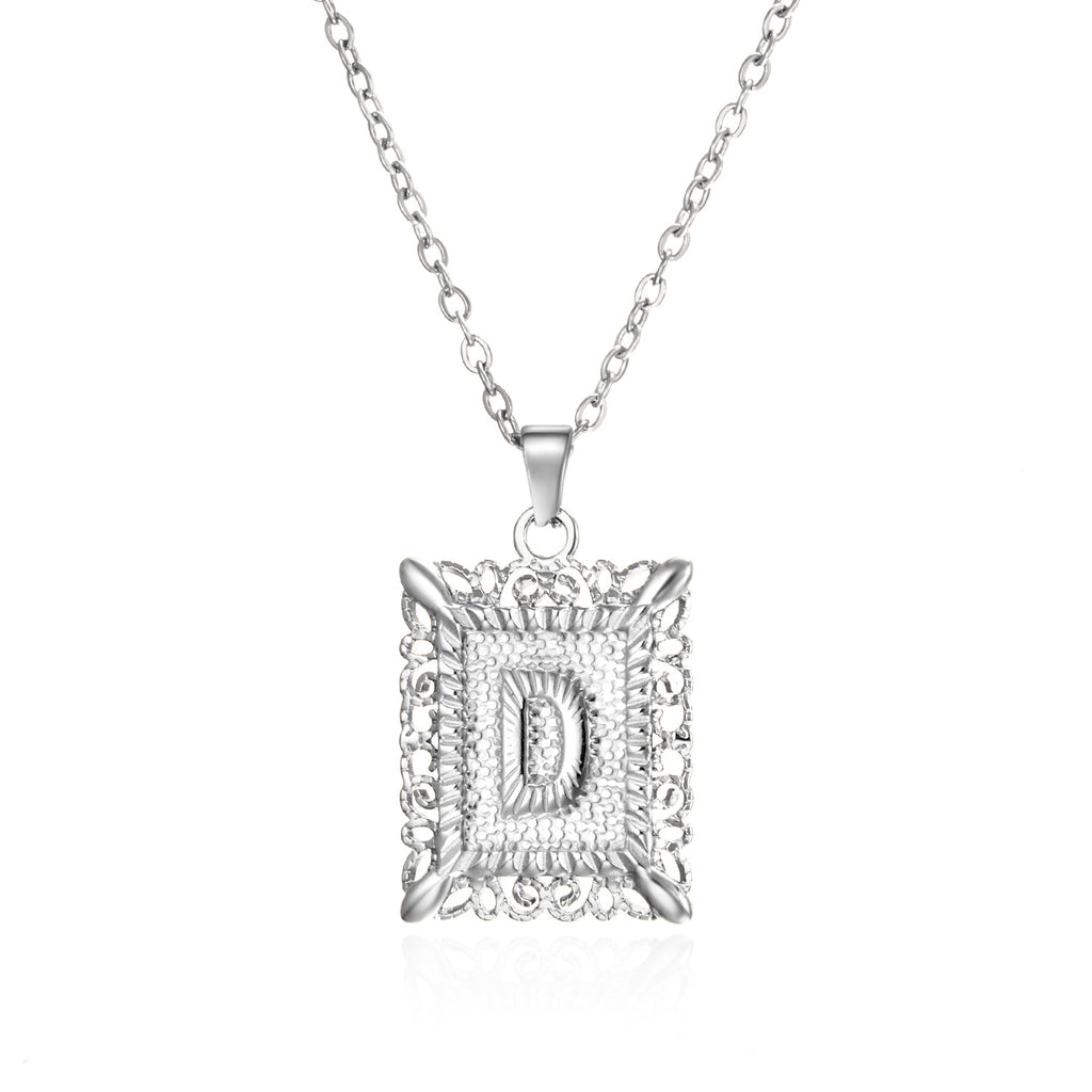 Custom Initial Rectangle Pendant Necklace – Vintage Frame Letter Necklace in Gold or Silver