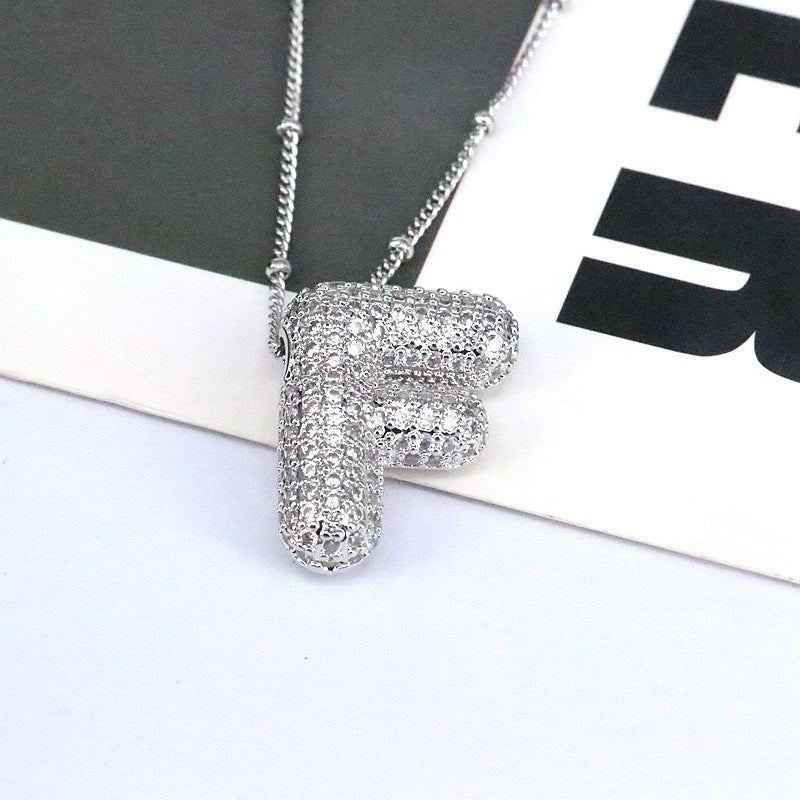 Custom Bubble Letter Initial Rhinestone Pendant Necklace 18K Gold Plated Stainless Steel Personalized Alphabet Letter Initial Necklace