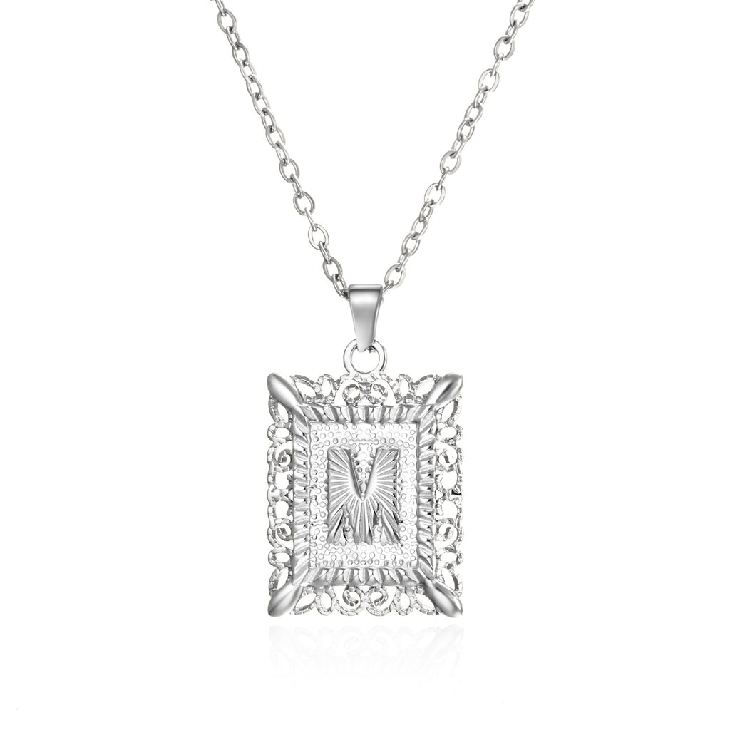Custom Initial Rectangle Pendant Necklace – Vintage Frame Letter Necklace in Gold or Silver