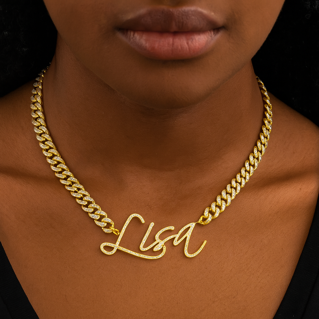 Custom Script Name Rhinestone Cuban Chain Necklace Personalized Cubic Zirconia Cuban Link Necklace